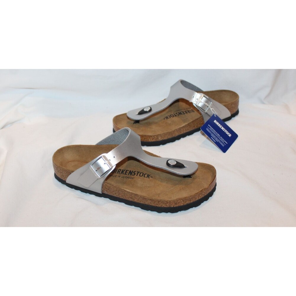 BIRKENSTOCK GIZEH SILVER METALLIC LEATHER SANDALS REGULAR FIT EU 41 NEW